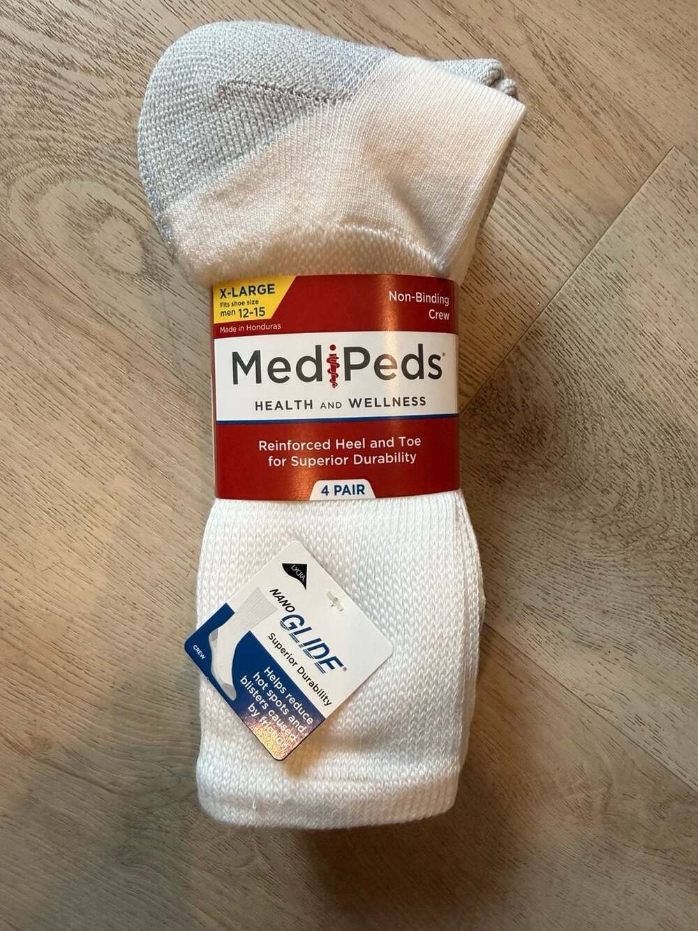 MediPeds Men's Non-Binding Crew Socks with NanoGLIDE, White/Grey, 4-Pair Pack, S
